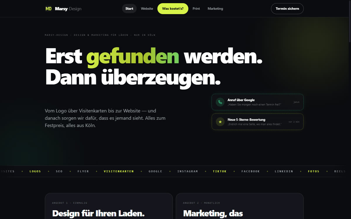 Startseite von marsydesign.de: „Erst gefunden werden. Dann überzeugen.