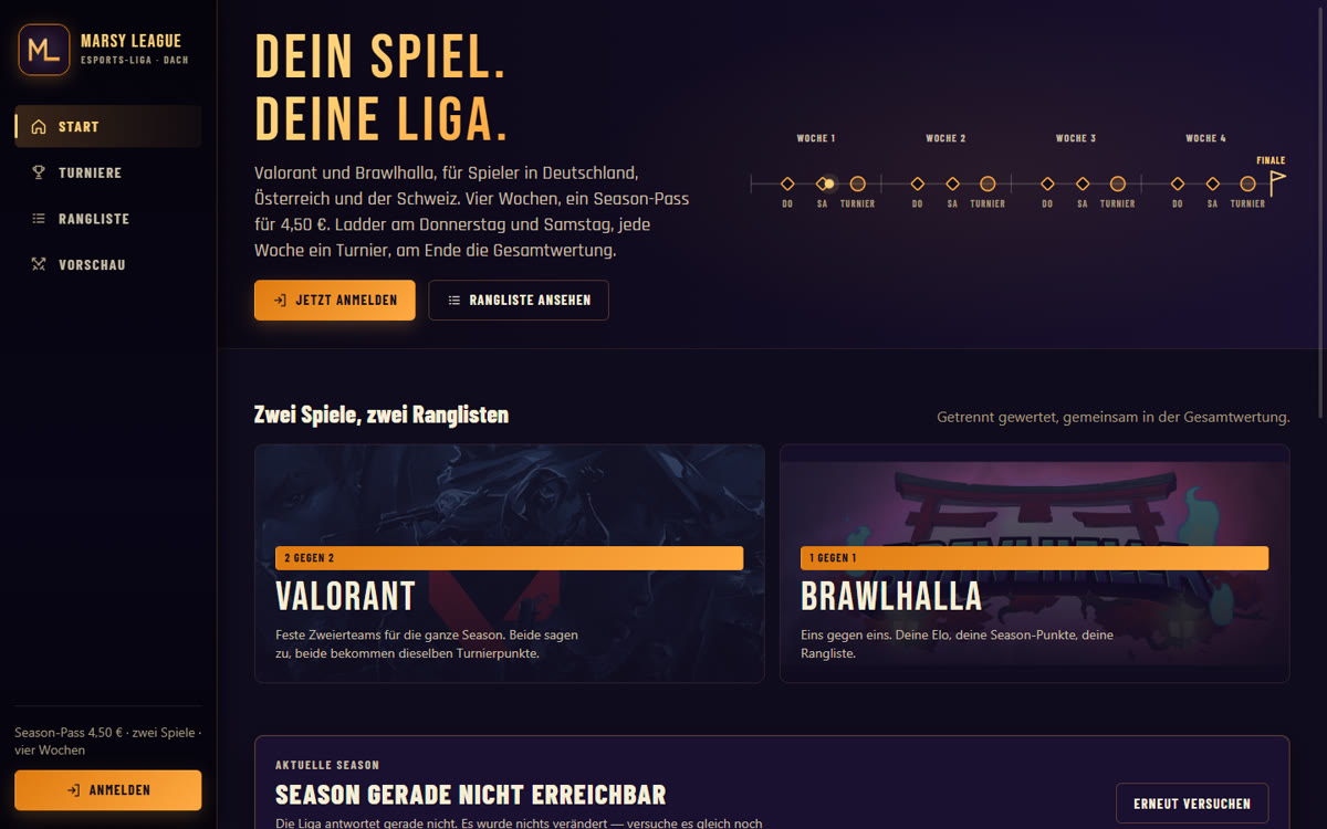 Entwurf der Startseite von Marsy League: „Dein Spiel. Deine Liga.